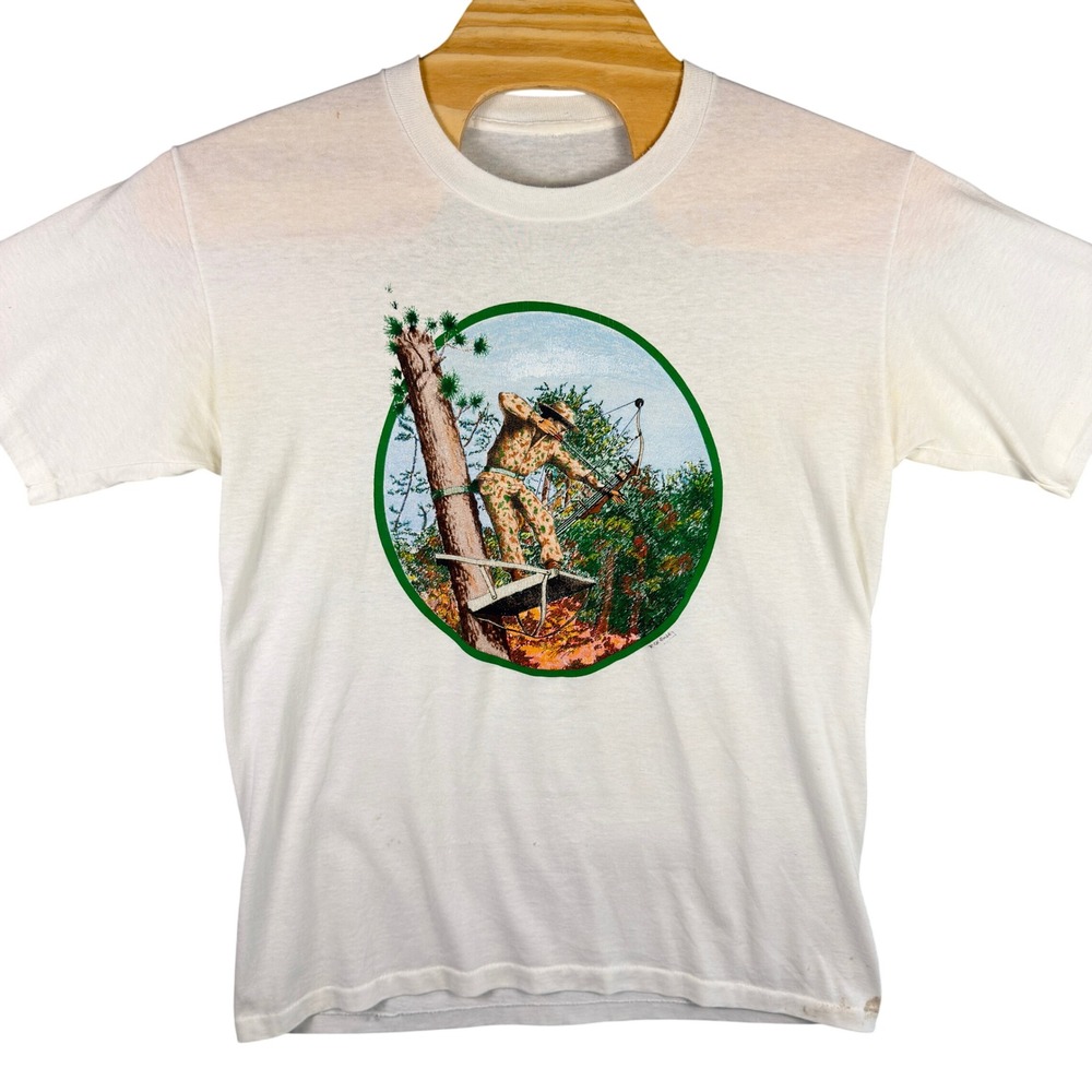 VINTAGE 90s Hill's Sports Center Bowhunting T-Shirt Men L White Archery Graphic